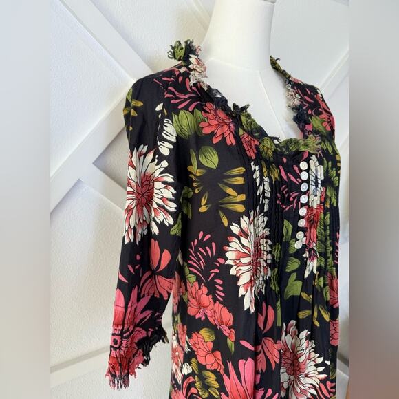 At Last… Annabel Cotton Kaftan Tunic Dress In Black Floral Size UK 8 US 4 - Picture 6 of 11
